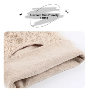 Detailed view of beige knit fabric with soft faux fur lining for thermal warmth
