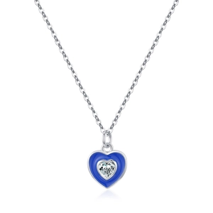 S925 Sterling silver necklace featuring a blue enamel heart pendant with clear zircon