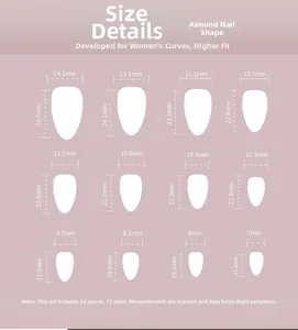 Size chart showing 12 almond shape press-on nail dimensions from 14.1mm to 7mm width