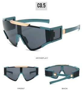 Three-way view of oversized geometric cycling sunglasses with teal frames and gold accents