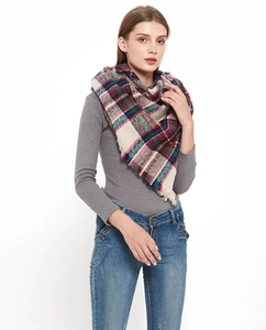 Detail of plaid scarf with fringe tassels in red and blue check pattern on model