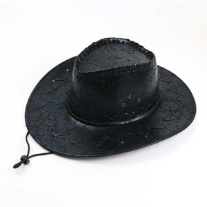 Vintage black cracked texture cowboy hat with adjustable chin strap and hand-stitched brim