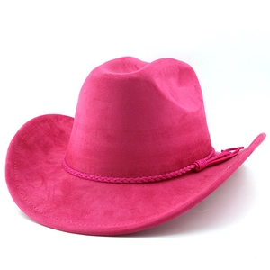 Close-up of magenta suede western cowboy hat featuring fringe and braided band detail