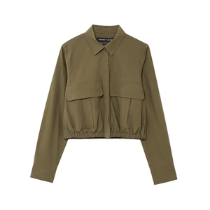 Olive green utility cropped shirt with cargo pockets and elastic hem for women