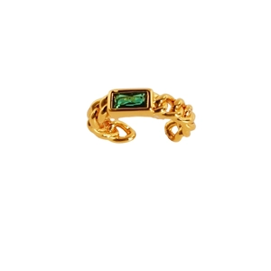Golden chain link ring featuring a green rectangular zircon with adjustable open band design