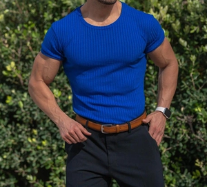 Close-up of blue ribbed short sleeve T-shirt for men showing high-quality knit texture