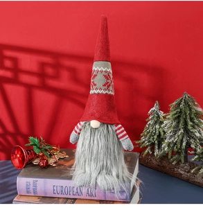 Close-up of a red and grey Christmas gnome ornament with knitted texture and plush beard