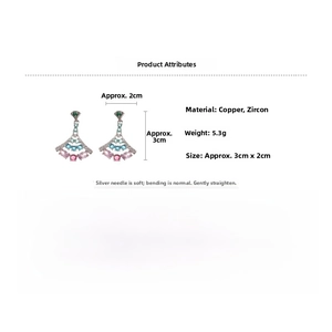 Detail view of fan-shaped ginkgo leaf earrings with colorful zircon and silver needle