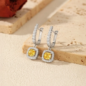 S925 sterling silver hoop earrings with square yellow gemstone and halo crystal accents