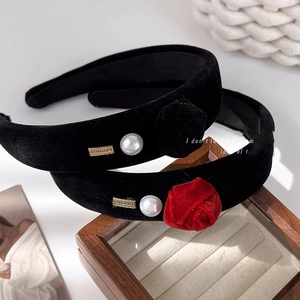 Elegant black velvet padded headband set featuring vintage pearl and rose details