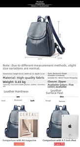Mochila de cuero azul, medidas 30x26x12cm, peso 0,65kg, con textura suave y firme
