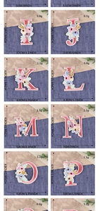 Detail showing floral alphabet embroidered patches I to P on blue denim background