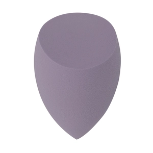 Detailed view of a purple teardrop makeup sponge with flat edge for seamless blending
