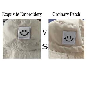 Kids smile patch bucket hat showing premium 3D embroidery vs standard thin patch