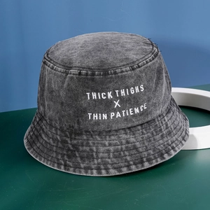 Deep grey washed denim bucket hat with white thick thighs thin patience embroidery