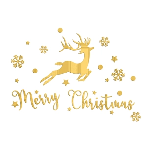 Macro detail of golden mirror acrylic Christmas wall stickers featuring reindeer and snowflakes