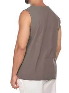 Detail view of the back and side of a grey men's cotton sleeveless leisure shirt