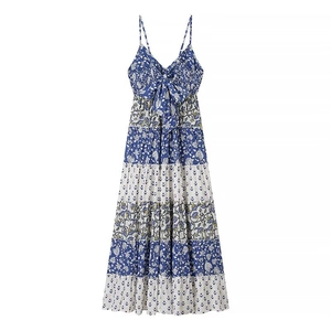 Floral patchwork maxi dress with spaghetti straps and tiered skirt for women summer