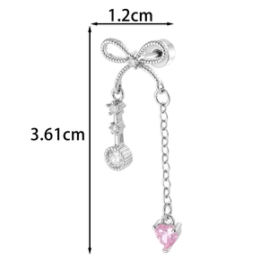Silver bow tassel earring with pink heart gemstone, 3.61cm long and 1.2cm wide