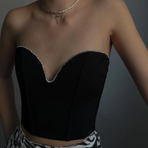 Chic black V-neck slim-fit tube top featuring sparkling rhinestone trim for women