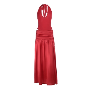 Detailed view of the red satin halter dress featuring elegant waist pleats and side slit