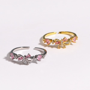 Bowknot Heart Ring Pink Cubic Zirconia Copper Adjustable Open Band Sweet Elegant Jewelry For Women