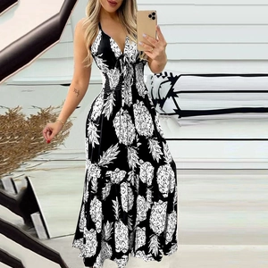 Summer halter neck maxi dress with black and white pineapple print and deep V-neckline