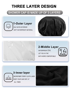Infografik zum dreilagigen wasserdichten Design der schwarzen Mikrofaser-Duschhaube