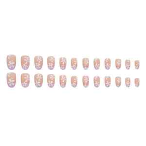 Oval taro purple press-on nails with white daisy floral design and French tips