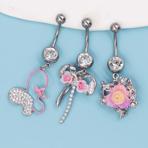 Ensemble de piercings nombril avec roses roses, papillons et gemmes CZ clairs