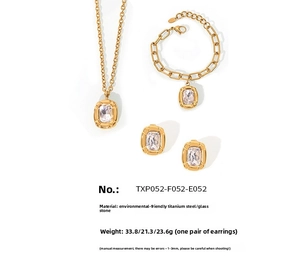 Minimalist gold titanium steel jewelry set with rectangular glass stone necklace and earrings