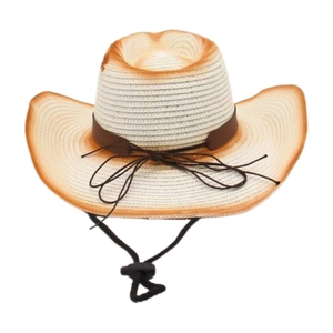 Detailed view of woven straw cowboy hat featuring gradient finish and leather trim band