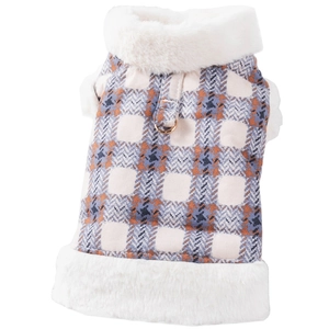 Warm plaid dog vest with white faux fur collar and D-ring harness for small pets