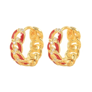 Close-up of S925 silver chain hoop earrings with red enamel and sparkling zircons