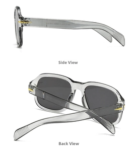 Detail view showing gray transparent frame sunglasses with golden arrow hinge and side temple