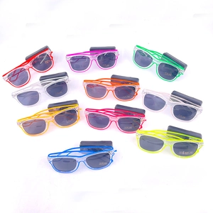 Matrix display of ten colorful LED shutter glasses with battery control boxes