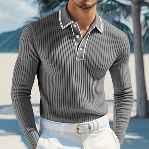 Mens slim fit long sleeve polo shirt with vertical stripes on a beach background
