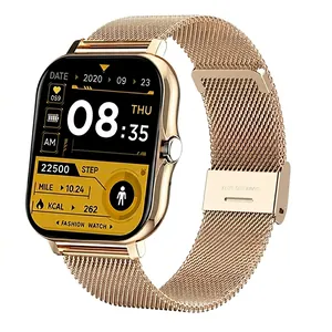 Detail view of gold smart watch with Milanese loop strap showing fitness tracking data display