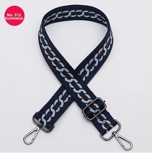 Detailed view of adjustable wide navy woven shoulder strap with gunmetal lobster clasps