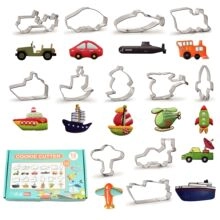 12-piece stainless steel cookie cutter set with vehicle shapes in a green package box