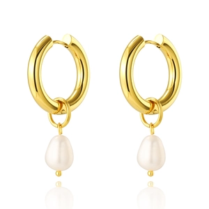 Baroque gold plated stainless steel hoop earrings with elegant white teardrop pearls