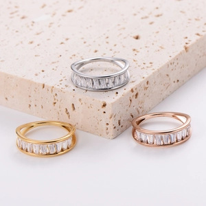 Stainless Steel Rhinestone Ring Cubic Zirconia Geometric Hollow Band For Women Light Luxury Jewelry Gift