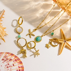 Tropical Ocean Style Stainless Steel Jewelry Set For Women Gold Plated Dolphin Starfish Natural Stone Shell Pendant Necklace Earrings Set