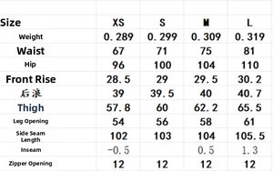 Detailed size chart for spring double-breasted top and trousers with measurements in cm