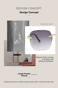 Detail of square rimless sunglasses featuring purple gradient lenses and gold metal hinges
