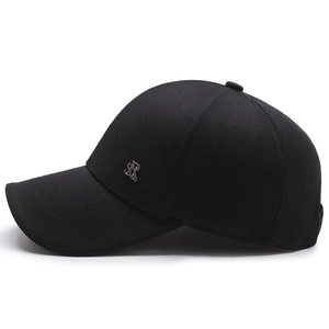 Classic black cotton baseball cap with silver metal SR logo on a minimalist side view