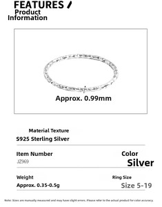 Detailed size chart for 1mm S925 sterling silver minimalist ring showing 0.99mm width specs