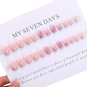 Short square pink gradient press-on nails with silver glitter tips, 24 pieces set