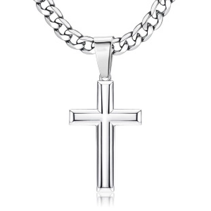 Detail shot of silver Cuban chain necklace with a polished cross pendant on white back