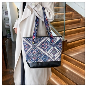 Ethnic style canvas tote bag featuring geometric rhombus patterns and black PU leather base